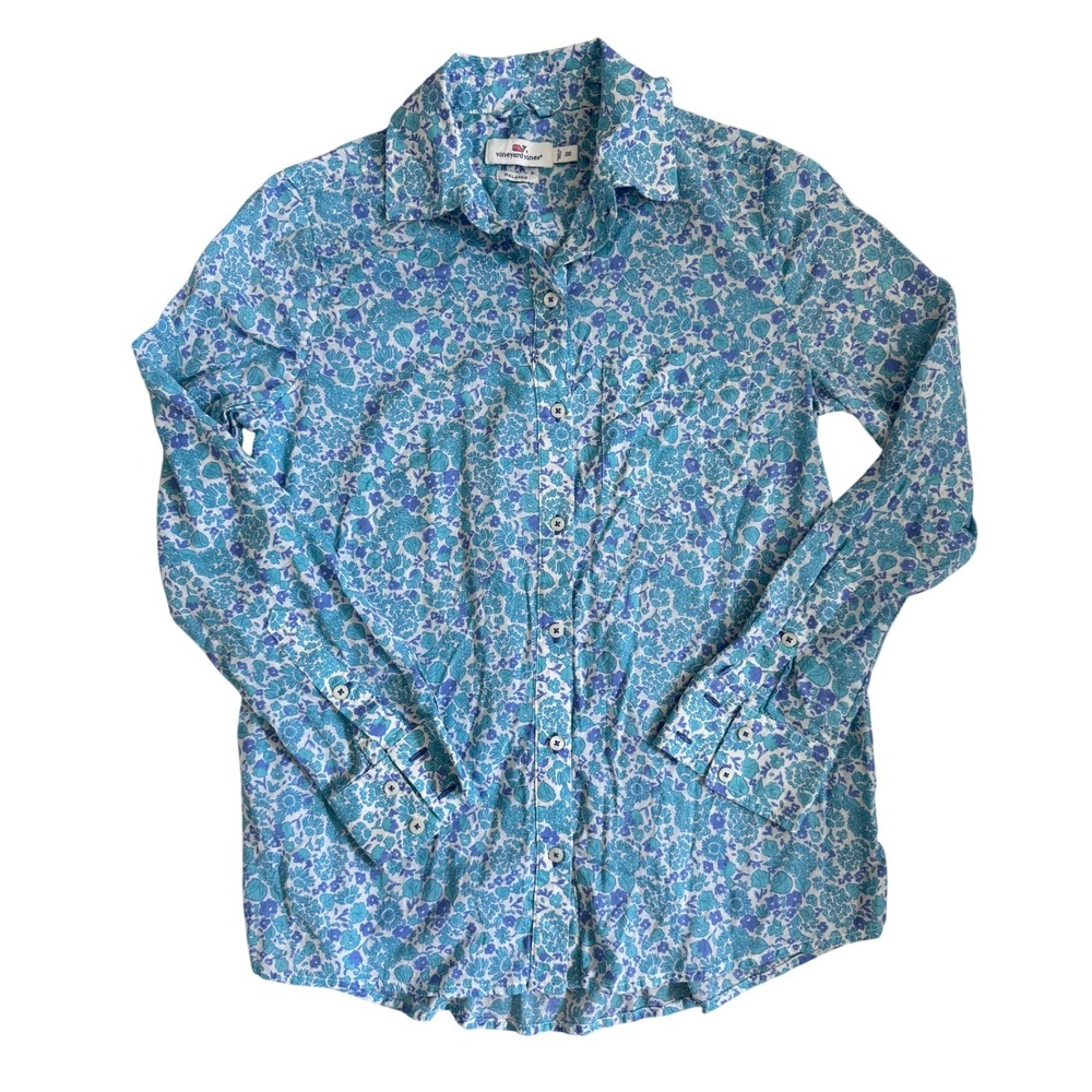 Vineyard Vines Womens 00 Relaxed Fit Cotton Floral Button Down Shirt Blue Teal
